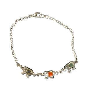 Vintage Silver Elephant Charm Bracelet with Enamel Accents